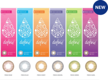 Boxes of ACUVUE® DEFINE® contact lenses in six different colours: fresh rose, fresh blue, fresh honey, fresh grayzel, fresh green, fresh hazel.